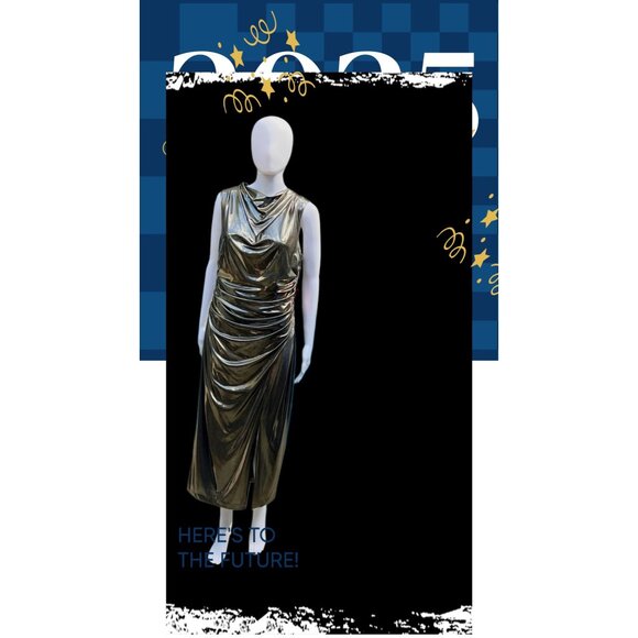 Vince Camuto Gold Metallic Draped Sleeveless Midi Dress Size 14 New With Tags Wo - Picture 10 of 12
